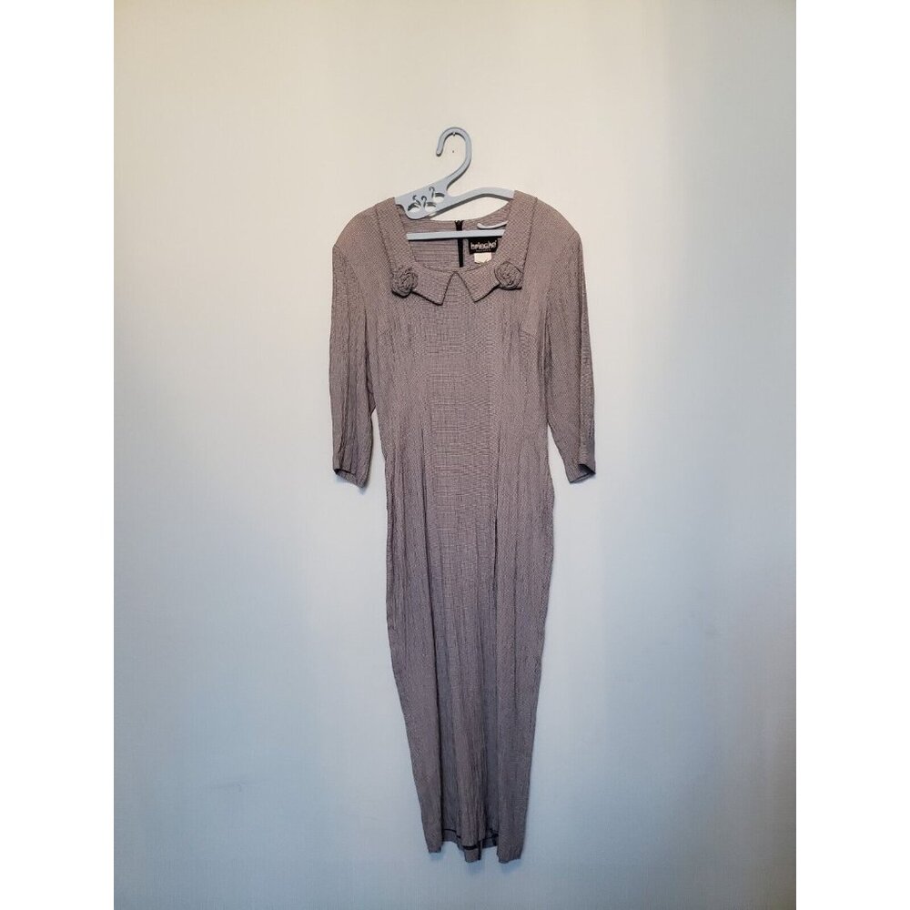 Vtg Brioche California Womens 11 12 Midi Dress Collar Flower Accent Houndstooth